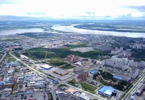 View from above on the city of Surgut. Hunts-Mansi Autonomous Region, surgut city from a bird's-eye view.