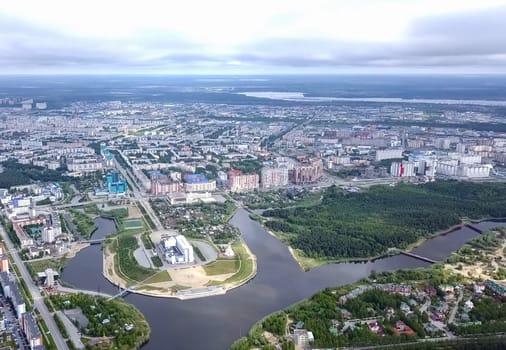 View from above on the city of Surgut. Hunts-Mansi Autonomous Region, surgut city from a bird's-eye view.