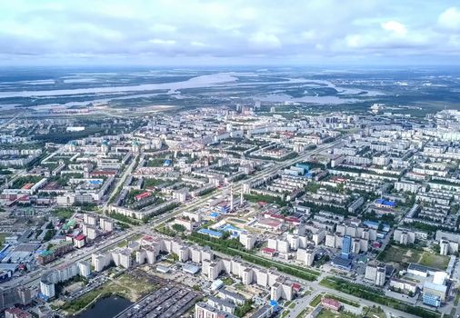 View from above on the city of Surgut. Hunts-Mansi Autonomous Region, surgut city from a bird's-eye view.