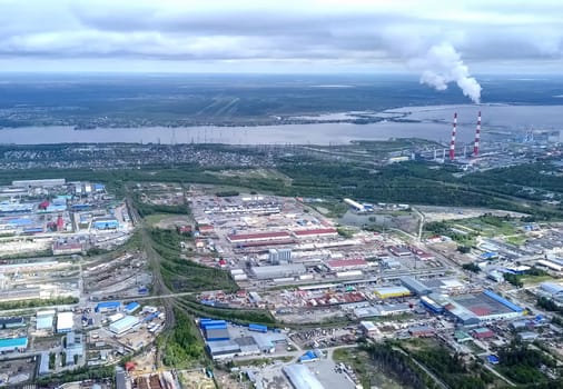 View from above on the city of Surgut. Hunts-Mansi Autonomous Region, surgut city from a bird's-eye view.