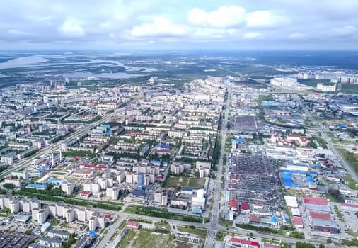 View from above on the city of Surgut. Hunts-Mansi Autonomous Region, surgut city from a bird's-eye view.