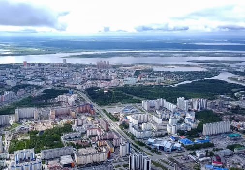 View from above on the city of Surgut. Hunts-Mansi Autonomous Region, surgut city from a bird's-eye view.