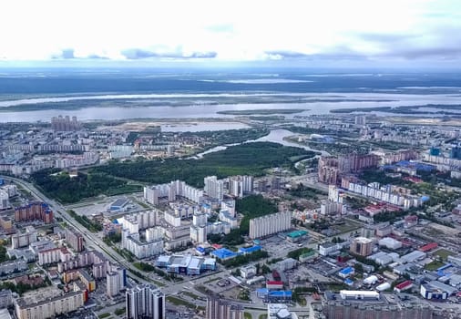 View from above on the city of Surgut. Hunts-Mansi Autonomous Region, surgut city from a bird's-eye view.