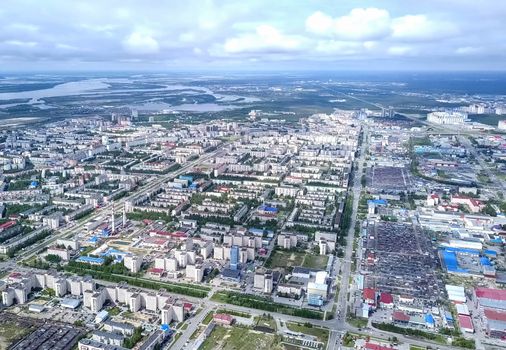 View from above on the city of Surgut. Hunts-Mansi Autonomous Region, surgut city from a bird's-eye view.