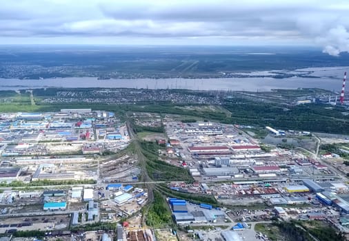 View from above on the city of Surgut. Hunts-Mansi Autonomous Region, surgut city from a bird's-eye view.