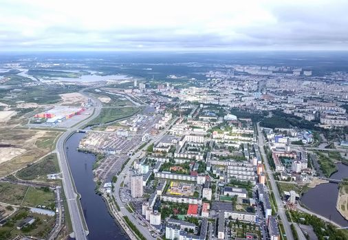 View from above on the city of Surgut. Hunts-Mansi Autonomous Region, surgut city from a bird's-eye view.