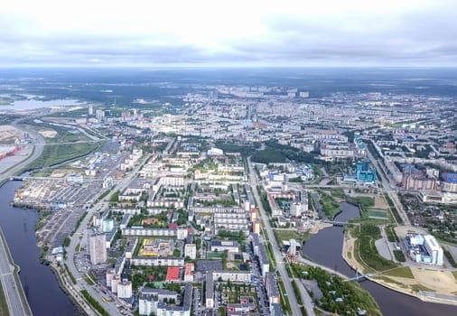 View from above on the city of Surgut. Hunts-Mansi Autonomous Region, surgut city from a bird's-eye view.