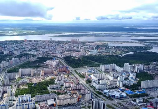 View from above on the city of Surgut. Hunts-Mansi Autonomous Region, surgut city from a bird's-eye view.