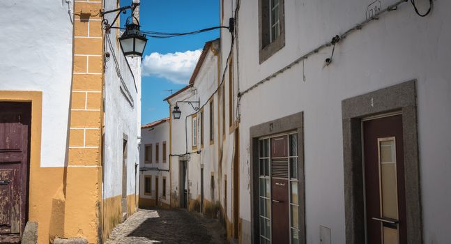 Evora, Portugal - May 5, 2018: Typical House architecture detail of historic town center on a spring day