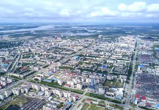 View from above on the city of Surgut. Hunts-Mansi Autonomous Region, surgut city from a bird's-eye view.