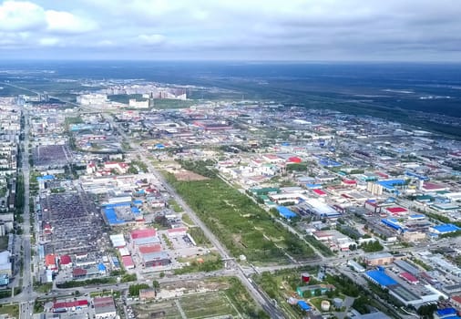 View from above on the city of Surgut. Hunts-Mansi Autonomous Region, surgut city from a bird's-eye view.