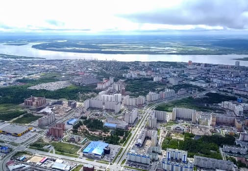 View from above on the city of Surgut. Hunts-Mansi Autonomous Region, surgut city from a bird's-eye view.