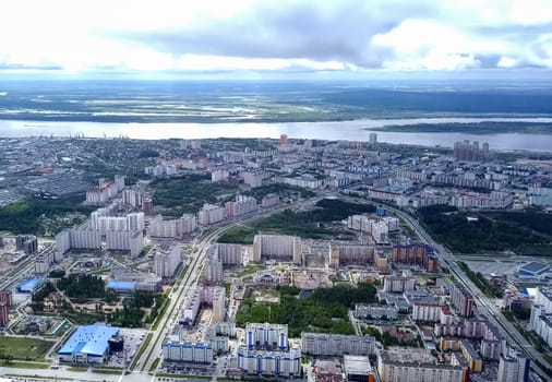 View from above on the city of Surgut. Hunts-Mansi Autonomous Region, surgut city from a bird's-eye view.