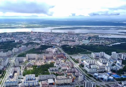 View from above on the city of Surgut. Hunts-Mansi Autonomous Region, surgut city from a bird's-eye view.