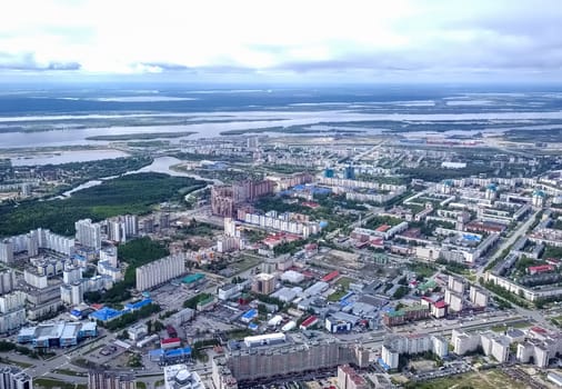 View from above on the city of Surgut. Hunts-Mansi Autonomous Region, surgut city from a bird's-eye view.