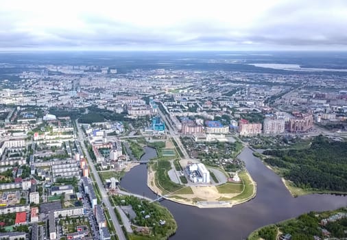 View from above on the city of Surgut. Hunts-Mansi Autonomous Region, surgut city from a bird's-eye view.