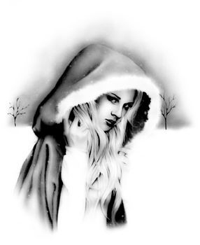 Girl in a fur coat with a hood in winter. half-face portrait.