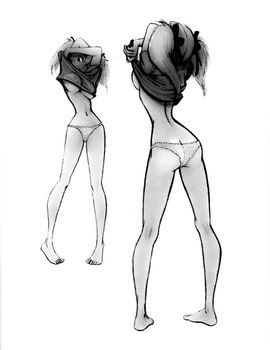 Tutorial of drawing a female body. Drawing the human body, step by step lessons. Beautiful girl takes off a t-shirt.