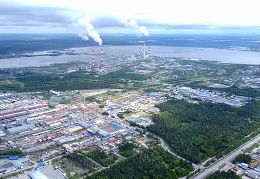 View from above on the city of Surgut. Hunts-Mansi Autonomous Region, surgut city from a bird's-eye view.