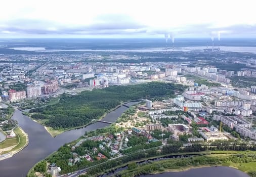 View from above on the city of Surgut. Hunts-Mansi Autonomous Region, surgut city from a bird's-eye view.