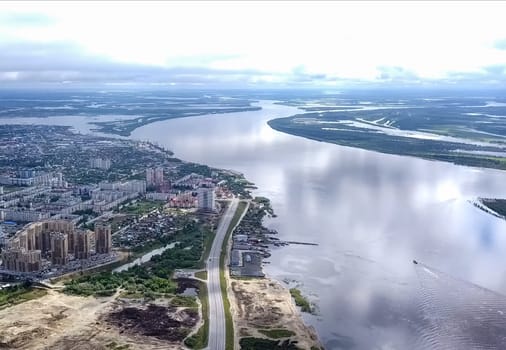 View from above on the city of Surgut. Hunts-Mansi Autonomous Region, surgut city from a bird's-eye view.