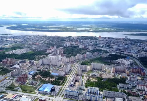 View from above on the city of Surgut. Hunts-Mansi Autonomous Region, surgut city from a bird's-eye view.