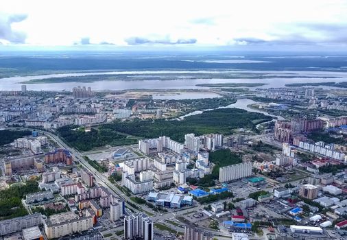 View from above on the city of Surgut. Hunts-Mansi Autonomous Region, surgut city from a bird's-eye view.