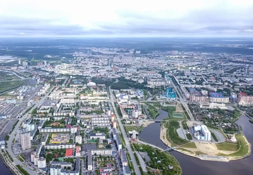 View from above on the city of Surgut. Hunts-Mansi Autonomous Region, surgut city from a bird's-eye view.