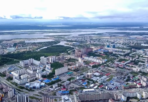 View from above on the city of Surgut. Hunts-Mansi Autonomous Region, surgut city from a bird's-eye view.