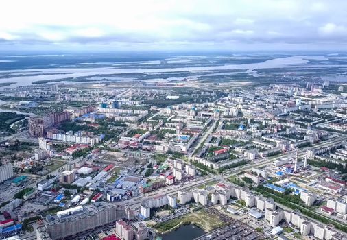 View from above on the city of Surgut. Hunts-Mansi Autonomous Region, surgut city from a bird's-eye view.