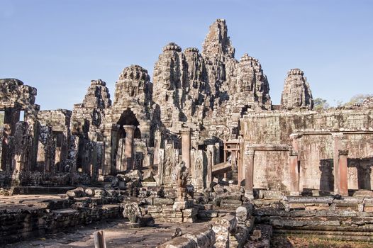 Horizontal view of the magnificent ruin of Bayon Temple. Part of the Angkor Thom complex at Siem Reap, Cambodia.
