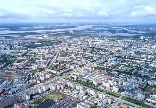 View from above on the city of Surgut. Hunts-Mansi Autonomous Region, surgut city from a bird's-eye view.