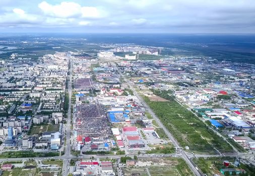 View from above on the city of Surgut. Hunts-Mansi Autonomous Region, surgut city from a bird's-eye view.