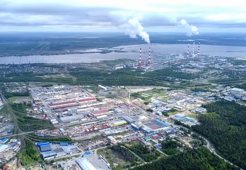 View from above on the city of Surgut. Hunts-Mansi Autonomous Region, surgut city from a bird's-eye view.