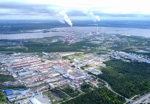 View from above on the city of Surgut. Hunts-Mansi Autonomous Region, surgut city from a bird's-eye view.