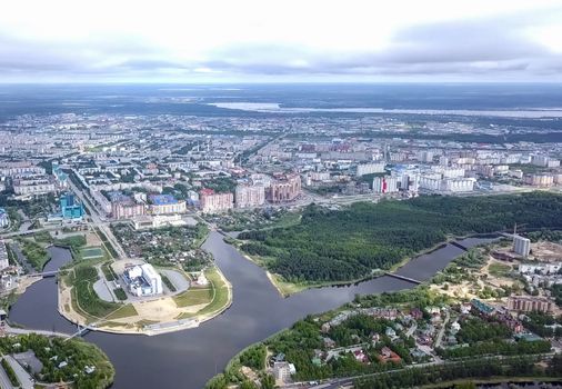 View from above on the city of Surgut. Hunts-Mansi Autonomous Region, surgut city from a bird's-eye view.