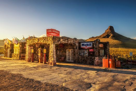 COOL SPRINGS, ARIZONA, USA - MAY 19, 2016: Sunset at the rebuilt Cool Springs station in the Mojave desert on historic route 66 in Arizona.