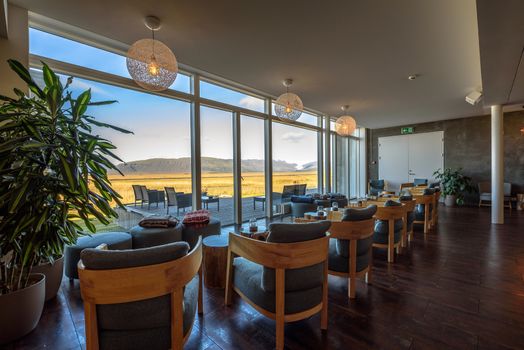 Hofn, Iceland - September 13, 2019 : Interior of Fosshotel Vatnajokull, a three-star hotel in Hofn with views of the Vatnajokull glacier and located on the Ring Road in Iceland. Hdr processed.