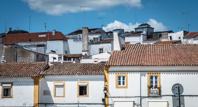 Evora, Portugal - May 5, 2018: Typical House architecture detail of historic town center on a spring day