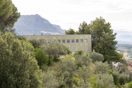 san gemini, italy june 13 2020: sports hall located outside the walls of san gemini