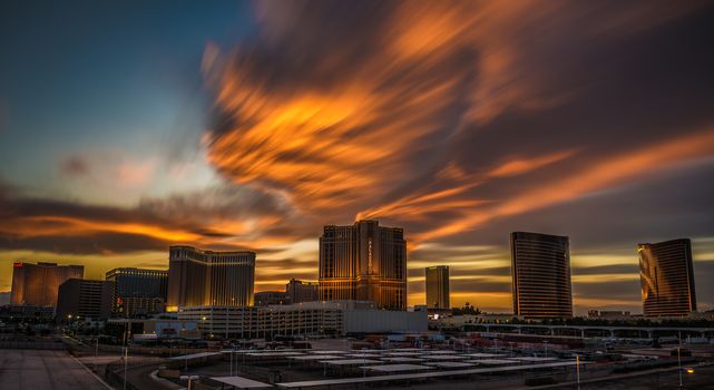 LAS VEGAS, NEVADA, USA - MAY 20, 2016 : Dramatic sunset above casinos on the Las Vegas Strip