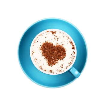 Close up one cup full of cappuccino coffee with heart shaped chocolate on blue saucer isolated on white background, elevated top view, directly above