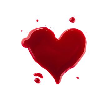 Close up heart shaped red wine wet stains and blob drops isolated on white background