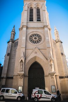 Montpellier, France - January 2, 2019: architectural detail of neo gothic church Saint Anne on a winter day