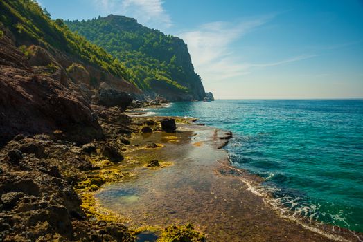 Beautiful turquoise sea and the rocks near the Cleopatra beach. Alanya peninsula, Antalya district, Turkey, Asia