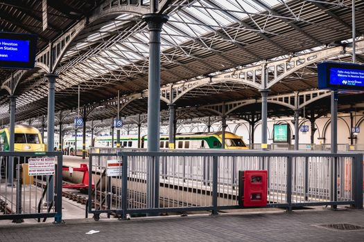 Dublin, Ireland - February 13, 2019: Train access platform at Heuston station where trains are parked on a winter day