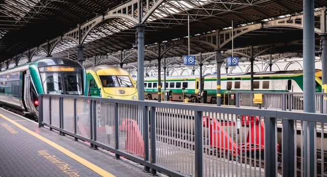 Dublin, Ireland - February 13, 2019: Train access platform at Heuston station where trains are parked on a winter day