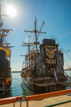 In the Tourist Harbour of Alanya, excursion boat pirate style. Alanya peninsula, Antalya district, Turkey, Asia