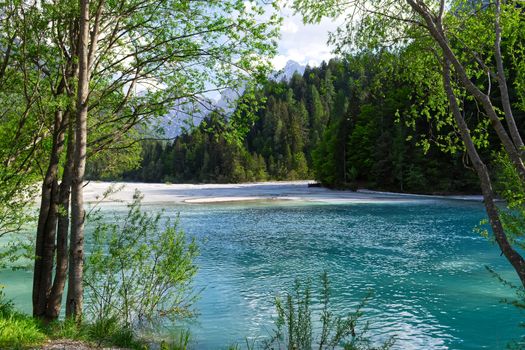 Blue river and green forest in Julian Alps. Kranjska Gora, Slovenia