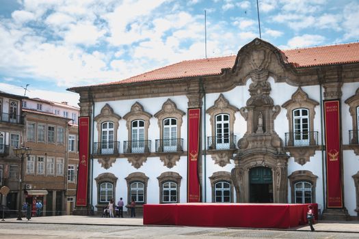 Braga, Portugal - May 23, 2018: View of Braga Town Hall decorated for Braga Romana City Day on a spring day